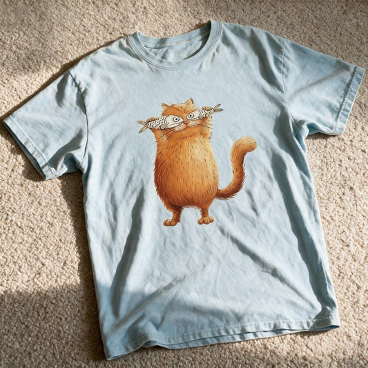 Comfort Color Funny Ginger Cat T-Shirt Chambray Color Size XL