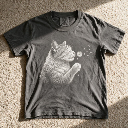 Comfort Color Cat Dandelion Shirt Pepper Color Size M