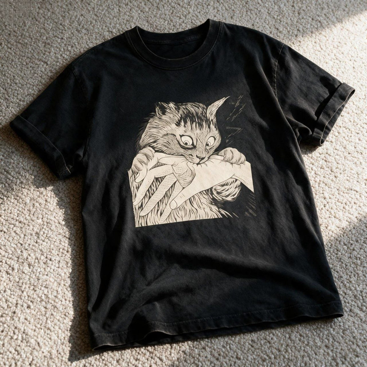 Biting Cat T-Shirt Black Color Size L