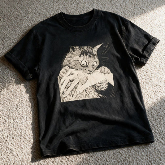 Biting Cat T-Shirt Black Color Size L