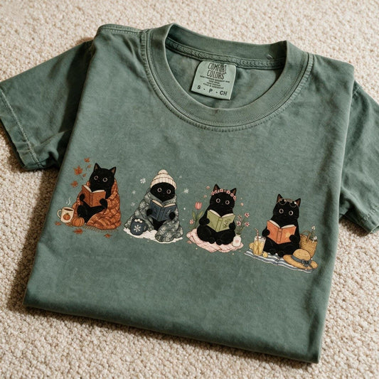 Comfort Colors Black Cats Reading Shirt Moss Color Size S