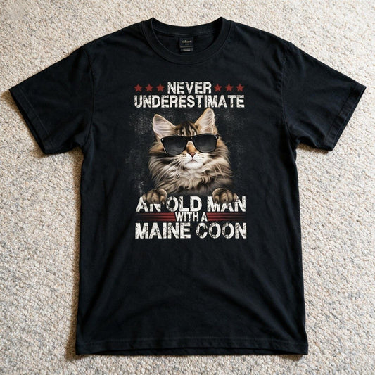 Never Underestimate Old Man Maine Coon Cat T-Shirt Black Color Size M