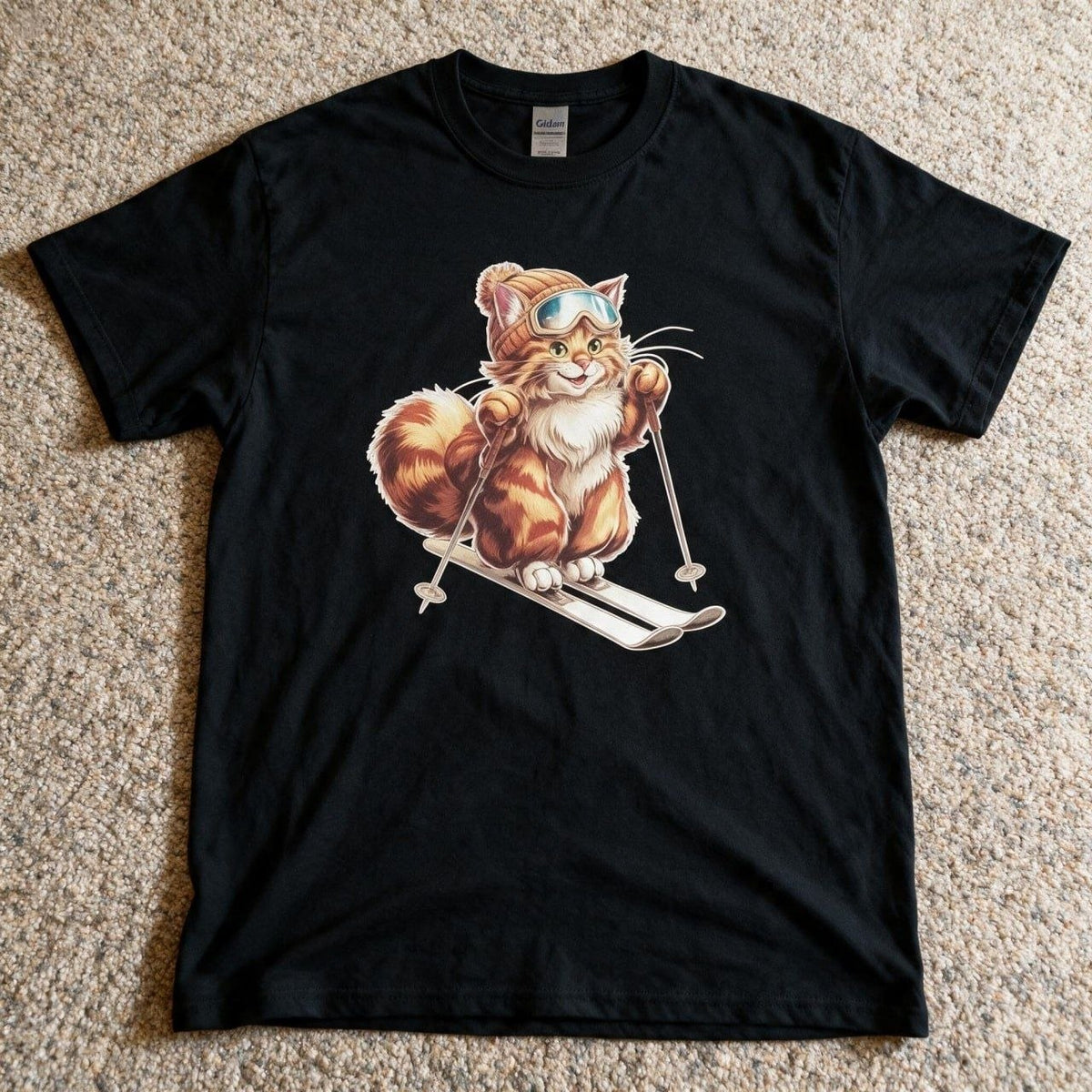 Maine Coon Cat Skiing Fun Ski Skier Shirt Black Color Size S