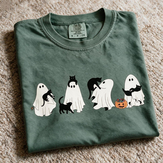 Comfort Colors Ghost And Cat T-Shirt Moss Color Size S