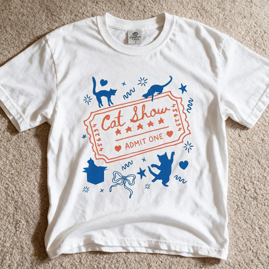 Comfort Colors Funny "Cat Show" Doodle Ticket Tee White Color Size M