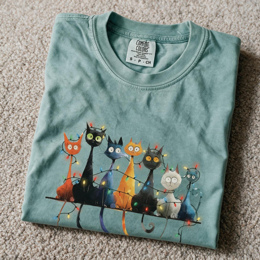 Comfort Colors Christmas Lights Cat Shirt Light Green Color Size S