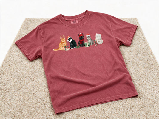 Comfort Colors Christmas Cats Tee Crimson Color Size M