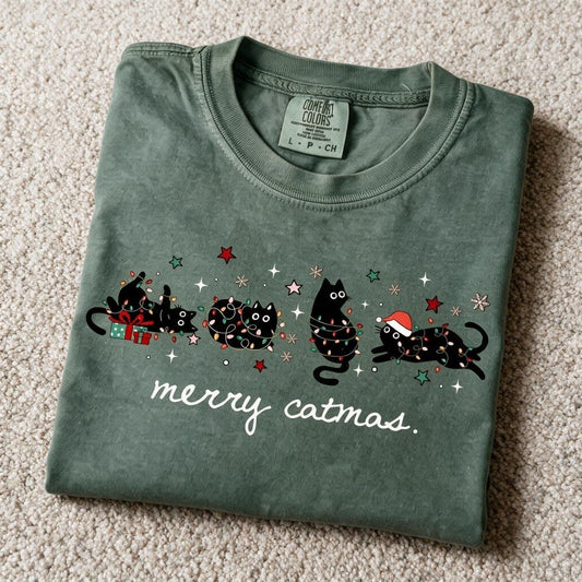 Comfort Colors Meowy Christmas Tee Moss Color Size L