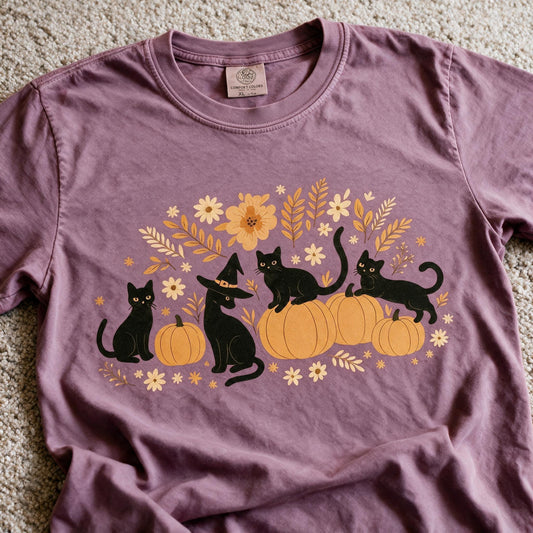 Comfort Colors Black Cat Pumpkin Shirt Berry Color Size L