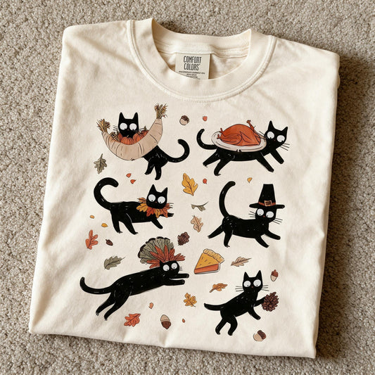 Comfort Color Thanksgiving Black Cats Shirt Ivory Color Size L