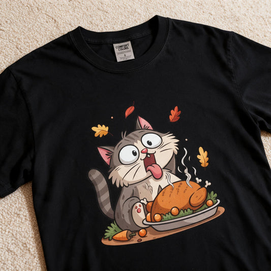 Comfort Color Funny Cat Thanksgiving Shirt Black Color Size S