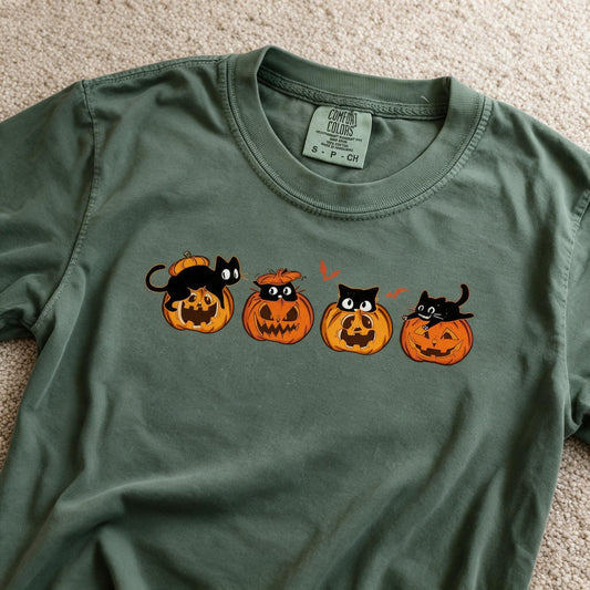 Comfort Colors Pumpkin Cute Black Cat Shirt Moss Color Size S