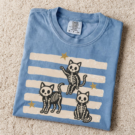 Comfort Colors Vintage Skeleton Cat Halloween Shirt Blue Jean Color Size S