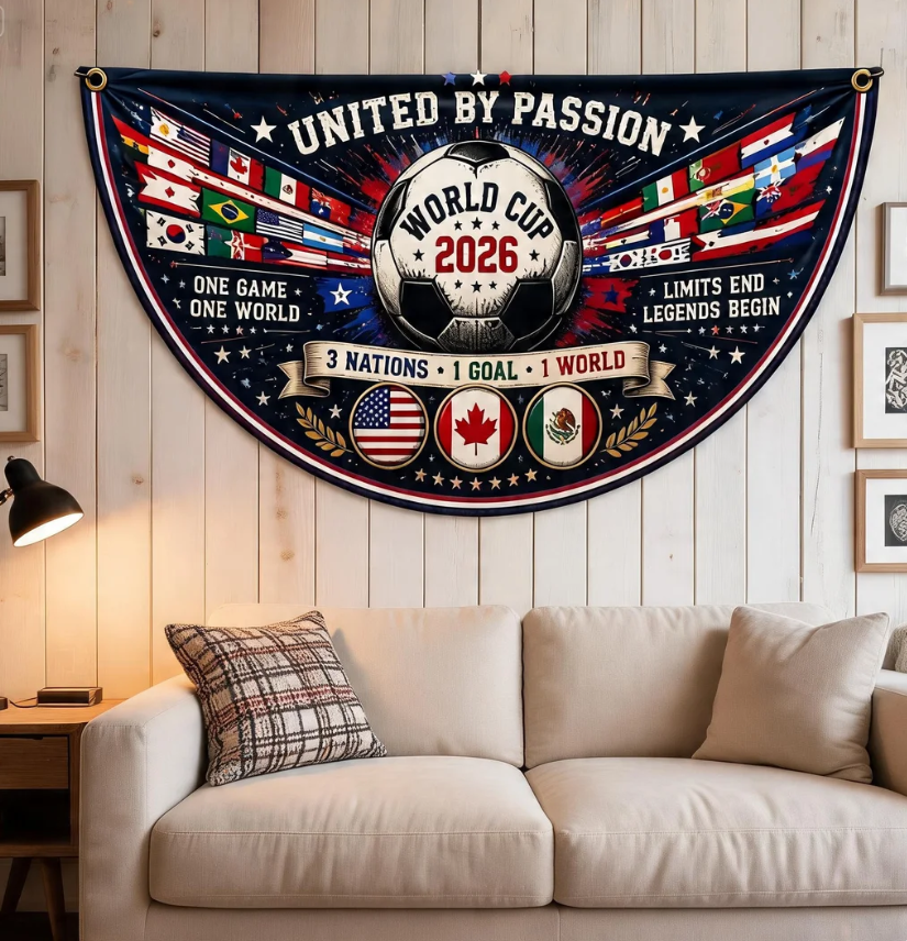 World Retro Cup Fence Flag 2026, Football Style Outdoor Fence Decor, United By Passion Soccer Banner, International Football Semicircle Flag