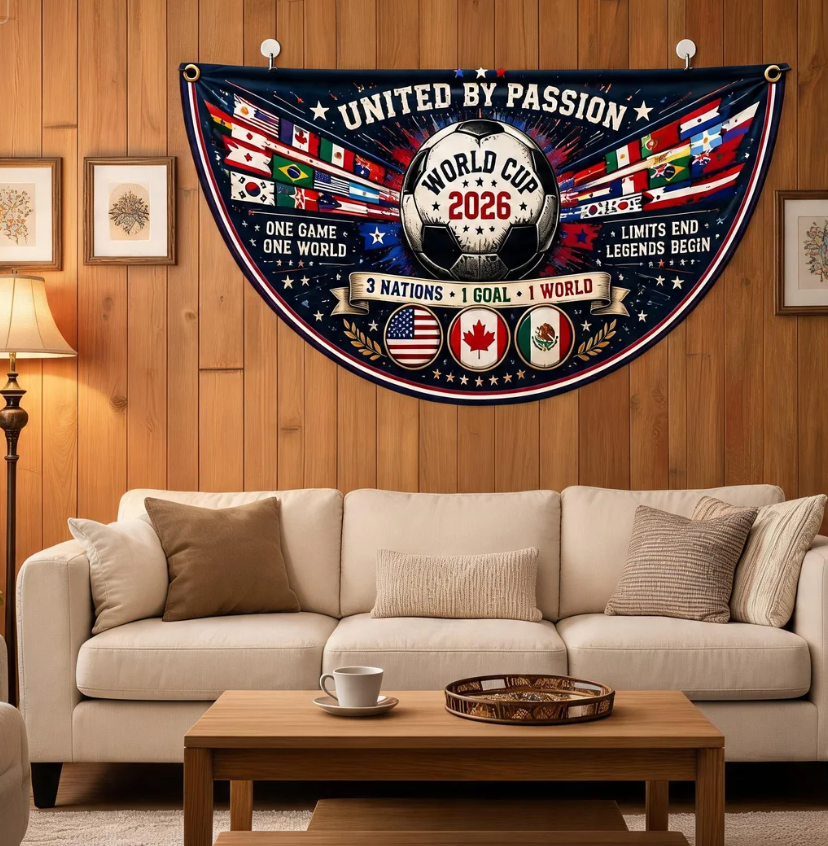 World Retro Cup Fence Flag 2026, Football Style Outdoor Fence Decor, United By Passion Soccer Banner, International Football Semicircle Flag