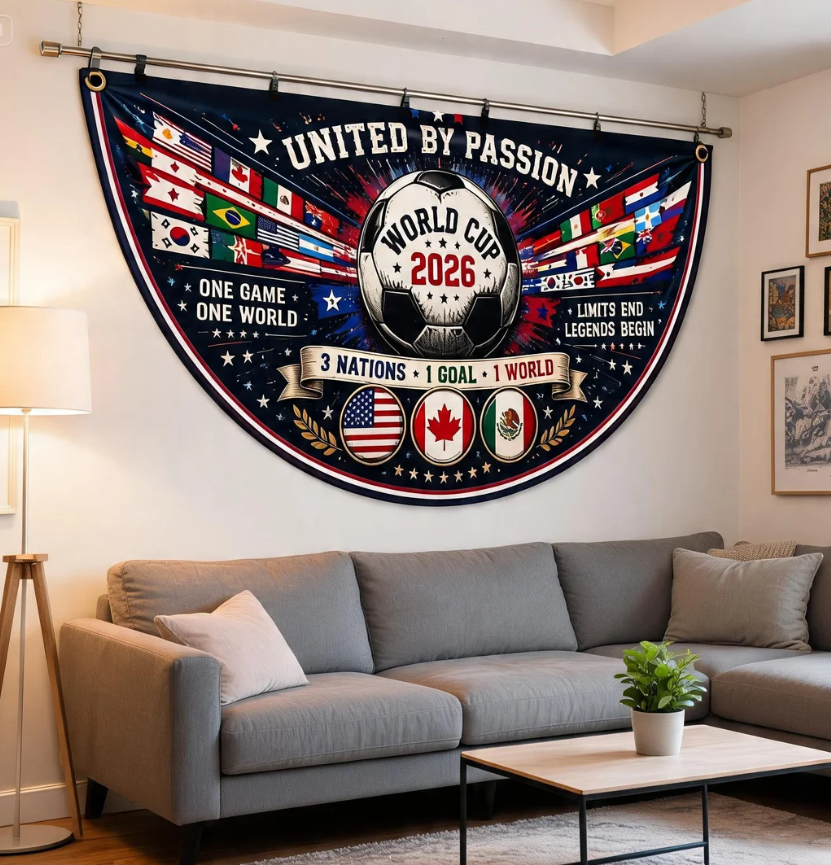 World Retro Cup Fence Flag 2026, Football Style Outdoor Fence Decor, United By Passion Soccer Banner, International Football Semicircle Flag