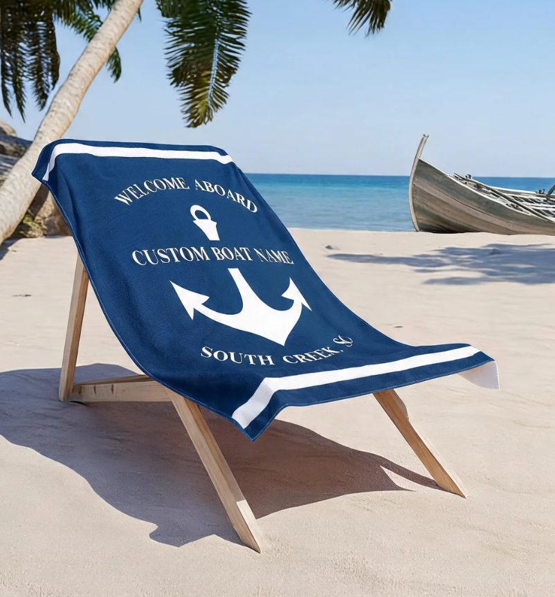 Personalized Anchor Nautical Beach Towel, Custom Boat Yatcht Gift for Mom/Dad, Unique Name Pool Towel, Sailing Design Text Towel for Sailor