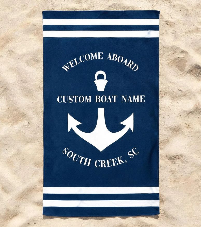 Personalized Anchor Nautical Beach Towel, Custom Boat Yatcht Gift for Mom/Dad, Unique Name Pool Towel, Sailing Design Text Towel for Sailor