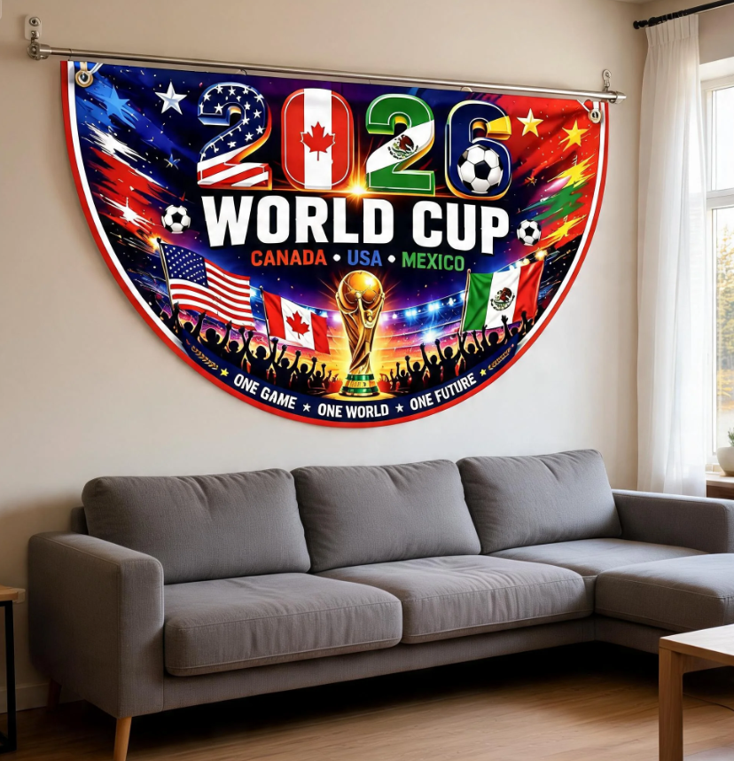 2026 World Retro Cup Fence Flag, USA Canada Mexico Soccer Banner, Football Semicircle Flag, International Sports Outdoor Decor