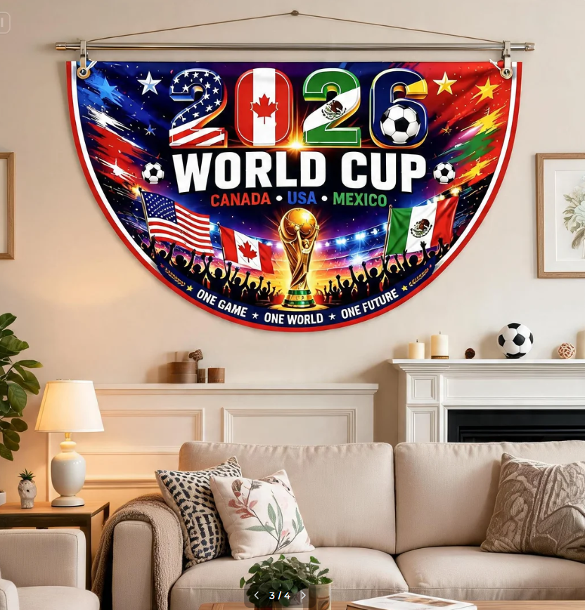 2026 World Retro Cup Fence Flag, USA Canada Mexico Soccer Banner, Football Semicircle Flag, International Sports Outdoor Decor