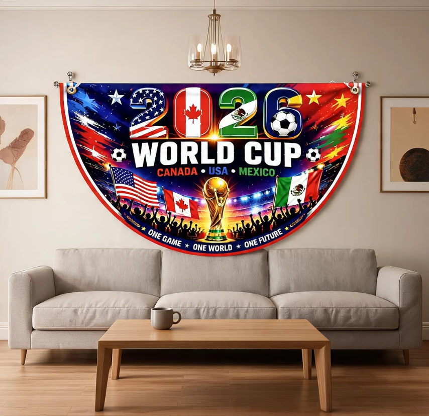2026 World Retro Cup Fence Flag, USA Canada Mexico Soccer Banner, Football Semicircle Flag, International Sports Outdoor Decor